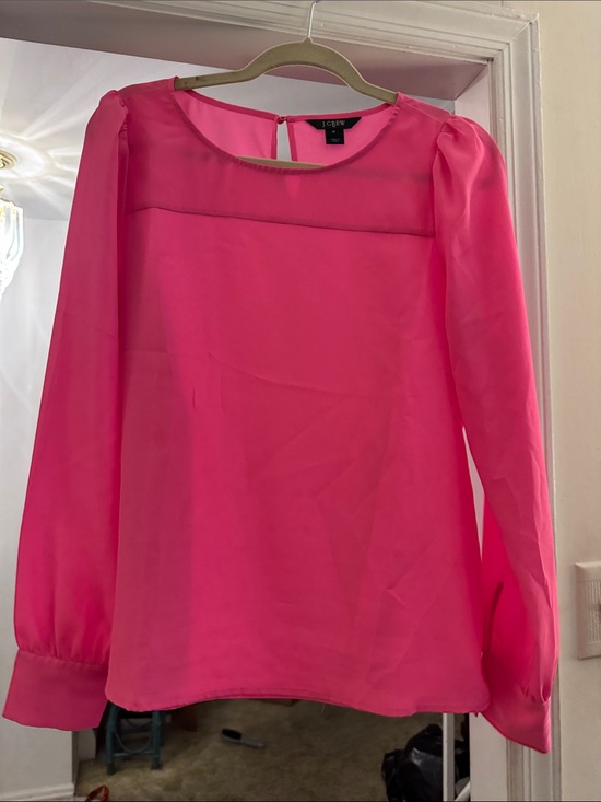 J. Crew Tops - J. Crew Bright Pink Sheer Yoke Long-Sleeve Blouse
